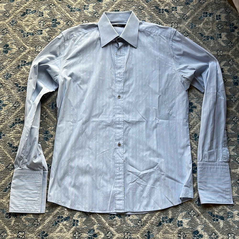 Gucci button down Shirt in light blue with lines of blue and dark red/brown